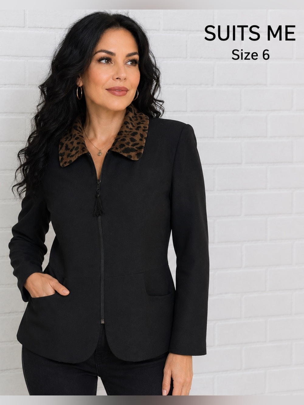 Vintage Y2K Suits Me Black Leopard Collar Zip Blazer Jacket Size 6 academia chic